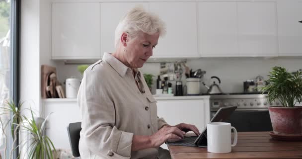 Mutfakta yetişkin bir kadın dijital tablet ve tuş takımı kullanıyor. — Stok video