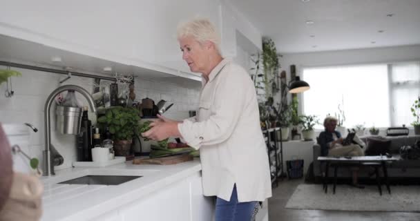 Volwassen lesbische vrouw koken een maaltijd thuis — Stockvideo