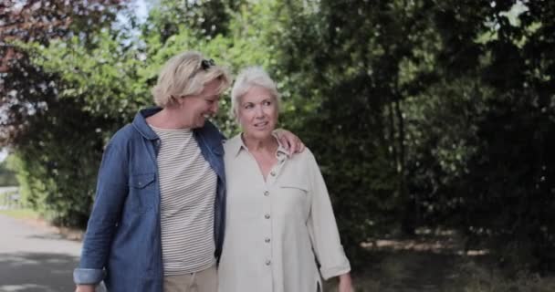 Зрелая лесбийская пара, гуляющая в парке летом — стоковое видео