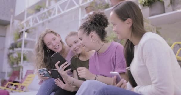 Gruppo di amiche che condividono foto su smartphone — Video Stock