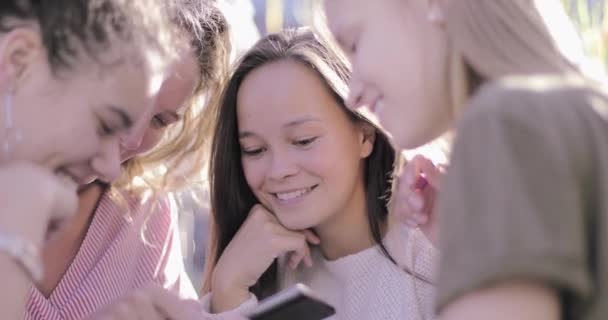 Grupp av kvinnliga vänner som delar bilder från sociala medier på smarttelefon — Stockvideo