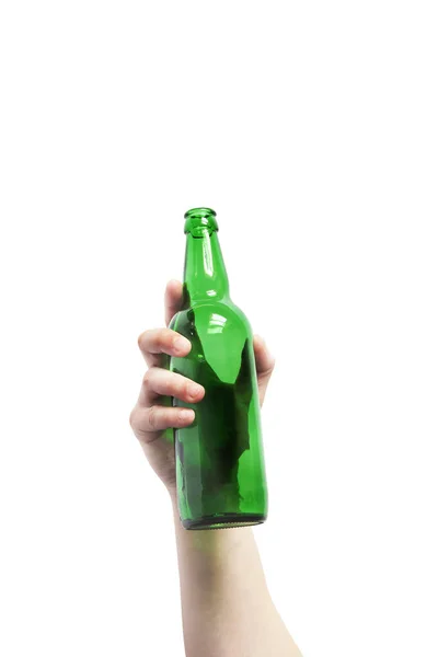 白い背景に手にガラス瓶 空のボトル きれいな背景の緑のボトル — ストック写真
