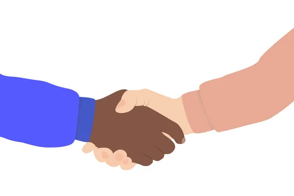 Handshake close-up. Good deal. Black and white people at the same time. Black and white races have the same rights. Attitude to black people. World peace. Good relationship between black and white. Contract