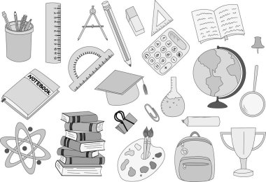 Okula dönelim. - Okul. Okul malzemeleri. Çalışmak için. Tematik seçim. Robot resim. Vektör