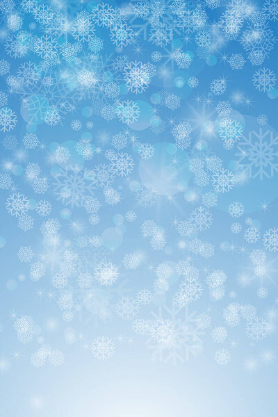 Winter snowfall on a blue background. Cold winter. Christmas and New Year background. White snowflakes on a blue background