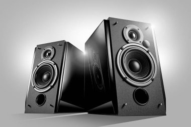 Açık gri arkaplanda siyah parlak müzik hoparlörleri. Kahraman görüntüsü. Ses teknisyenleri. Piyano lakquer yüzeyinde yansıma