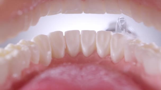 Vatten tandtråd rengöring tänder på vit 240 fps — Stockvideo