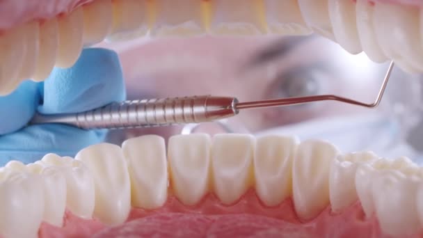 Dentiste dans les lunettes inspecte les dents des patients — Video