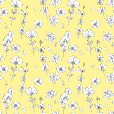 Wildflowers pattern on a yellow background with leaves. Drawn with a black liner, the petals are left white.