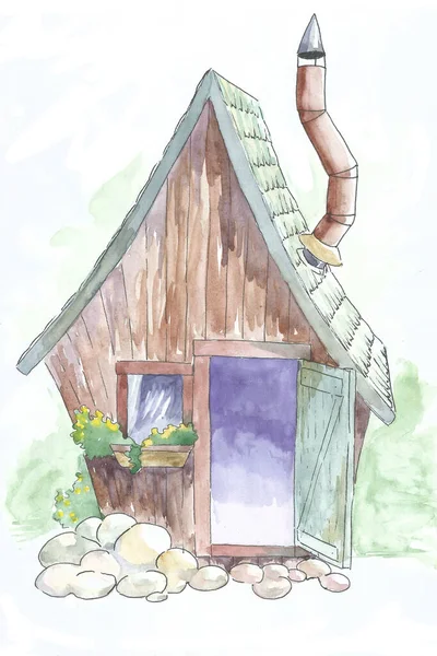 Illustration of a fabulous rickety little house with a chimney. Open door and rocky walkway.