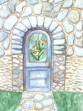 The entrance door to the fairy house. Stone wall and floral stained glass window. Stone path and lawn. Made with watercolors and liner. clipart
