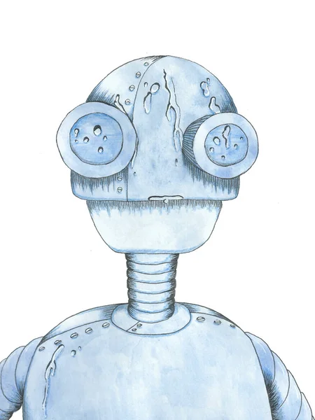 Rolig Robot Illustration Gjord Med Akvareller Och Liner — Stockfoto