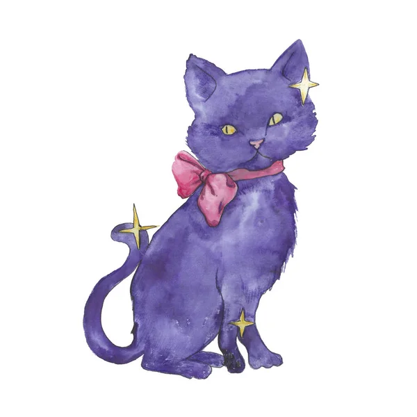 Чорний Кіт Розливається Аквареллю Фіолетовий Малиновий Простір — стокове фото