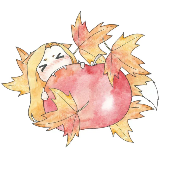 狐狸姑娘咬苹果枫叶 水彩画和衬里 — 图库照片