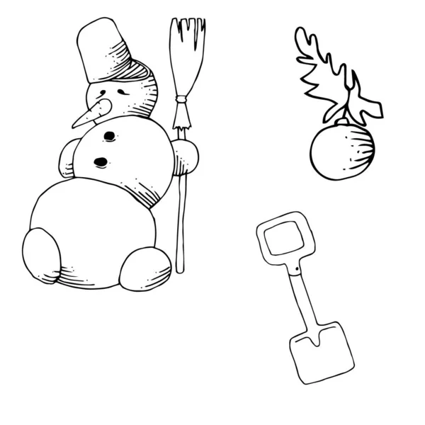 带玩具的冬季雪人 铲子和云杉树枝的病媒群 — 图库矢量图片