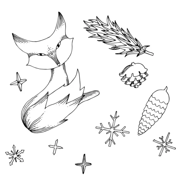 Vector Conjunto Invierno Zorro Copos Nieve Blanco Negro — Vector de stock