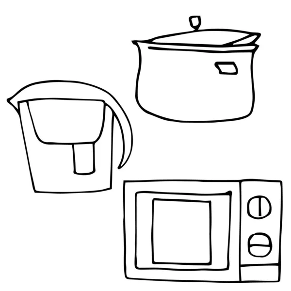 病媒厨房用具 平底锅 滤水器和微波炉 — 图库矢量图片