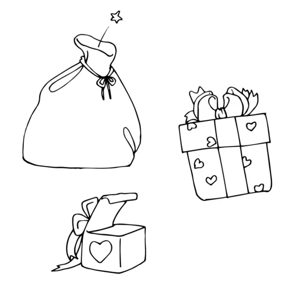 一套有弓的罗加广场礼物 圣诞老人袋 心地善良可爱的广场 — 图库矢量图片