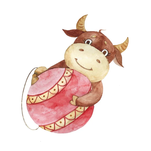 Year of the bull calendar. December. A bull with a Christmas tree toy - a ball. Made in watercolor.