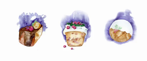 Conjunto Natal Doce Pedaço Bolo Cupcake Biscoitos São Feitos Aquarela — Fotografia de Stock