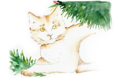 Noel ve yeni yıl için kartpostal. Kedi ağacın altında oturur ve yırtık bir dalla oynar. Suluboya ile yapıldı.