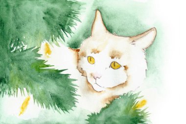Noel ve yeni yıl için kartpostal. Kedi elinde bir çelenkle bir Noel ağacında oturur. Suluboya ile yapıldı.