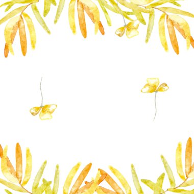 Çerçeve üstü ve onlar. Bitki yaprakları ve kurumuş çiçekler. Suluboya ile yapıldı.