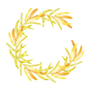 Çember çerçeve tamamlanmadı. Kurumuş sarı yapraklı bitkisel dallar. Suluboya ile yapıldı.