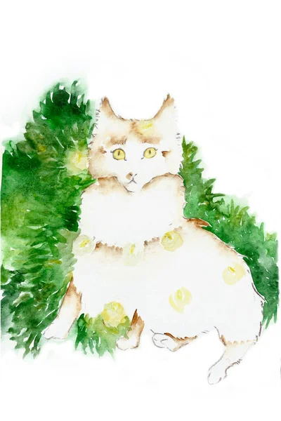 圣诞和新年明信片 那只猫把树倒在地上 被卷入了花环里 水彩画 — 图库照片