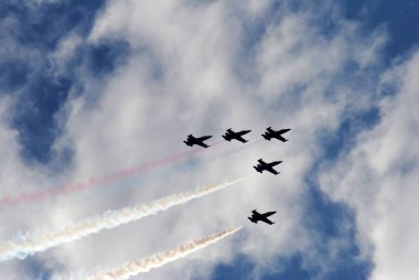 Mavi gökyüzüne karşı dumanlı uçaklar