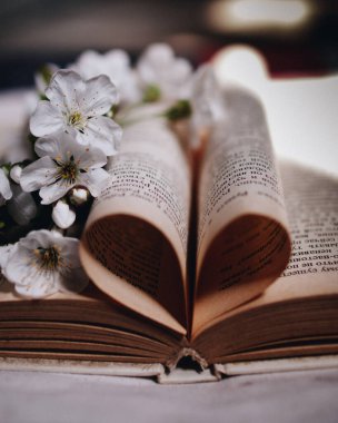 Kapalı kitap ve çiçekler.