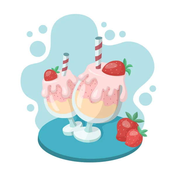 Two Strawberry Milkshakes Glass Goblets Strawberries Striped Straws Cartoon Vector — Stock Vector