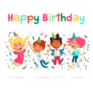 Doğum günü şapkası takmış şirin mutlu çocuklar konfeti ve yılanbalığının arka planında eğleniyorlar. Doğum günü partisi. Mutlu yıllar tebrik kartı ya da çizgi film tarzında davetiye.