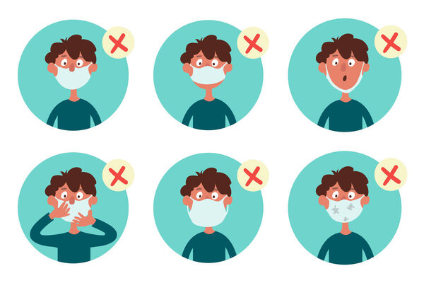 Набор инфографических элементов. Неправильное ношение маски. Смешной мультяшный мальчик носит маску неправильно. Векторная иллюстрация на белом фоне
.