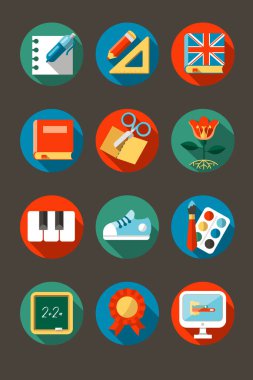 İlkokul öğrencileri. Düz çizgi film tarzında 12 vektör simgesi kümesi.