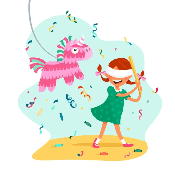 Una Chica Con Coletas Golpea Una Piñata Forma Unicornio Ilustración — Vector de stock