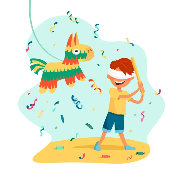 Chico Golpea Piñata Colores Tradicionales Ilustración Vectorial Dibujos Animados Aislada — Archivo Imágenes Vectoriales