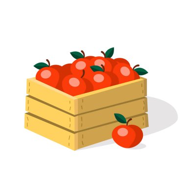 Kırmızı elmalarla dolu sandık. Çizgi film vektör çizimi beyaz arkaplanda izole edildi.