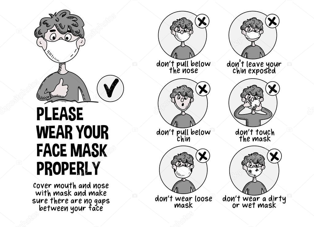Infographics. Wear your face mask properly. Funny cartoon boy shows how to wear a mask incorrectly. Vector black and white poster during a pandemic of a coronovirus infection covid-19