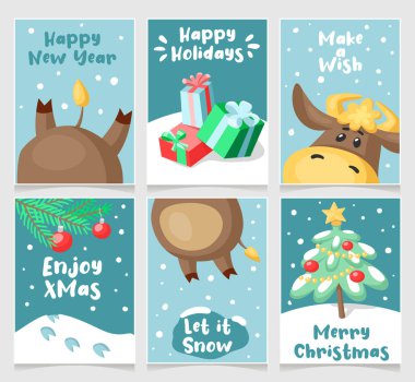 Bir dizi karşılama vektörü Noel kartı. Tatlı karikatür boğaları, hediyeler ve Noel ağacı. Mutlu yıllar ve mutlu Noeller.!