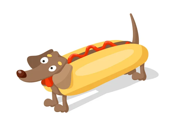 Kartun Yang Lucu Dachshund Mengenakan Kostum Hot Dog Ilustrasi Vektor - Stok Vektor