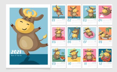 Colorful calendar for kids for 2021 Year of the Ox. Cute cartoon cows and bulls in different poses. Cover and 12 monthly pages. Week starts on Sunday. clipart