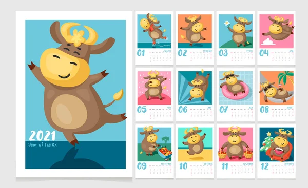 Calendario Colorato Bambini 2021 Anno Dell Carino Cartoni Animati Mucche — Vettoriale Stock