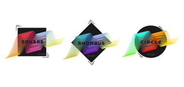 Tasarım reklam öğeleri ayarla, siyah kare renkli dalgalar ve tipografi ile farklı geometrik şekiller