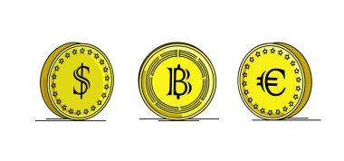 dolar euro altın sikkeler ve bitcoin, 3d doğrusal grafik izole