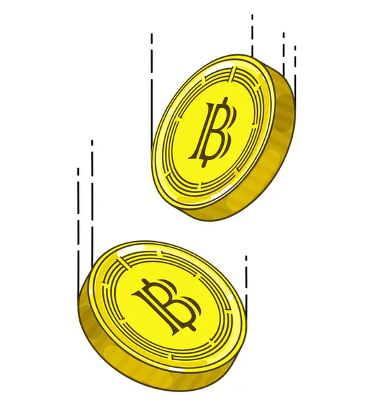 Bitcoiny Wchodzących Szkicu Powietrza Przedstawionych Ilustracji Graficznych Złote Monety — Wektor stockowy