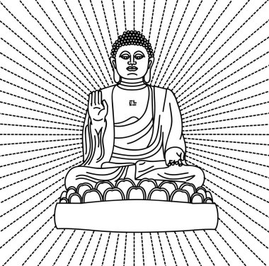 Lotus poz, doğrusal ışık ışınları grafikle oturan Buda heykeli arkadan yaymak