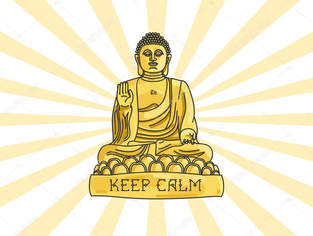 Buddha sculpture in lotus pose, golden with typography keep calm with rays of sun around the figure, linear colored graphic