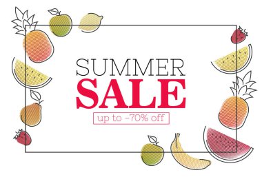 Beyaz arka plan üzerinde stilize meyve ile yaz satış poster, 