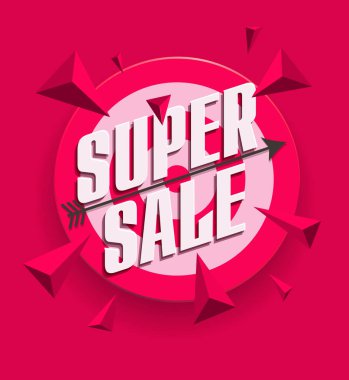 Süper satış hedef ve hedef alan, kırmızı ve beyaz, ortasına doğru uçan modern grafik 3d parçalanmak ile banner reklam